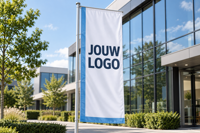 Hoge banier met jouw logo – voorbeeld van eigen bedrukking