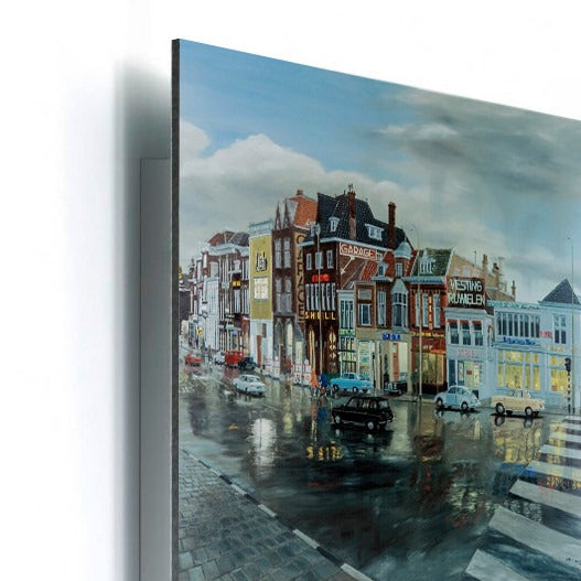 Detail van een plexiglas fotopaneel met het verborgen ophangframe aan de achterzijde